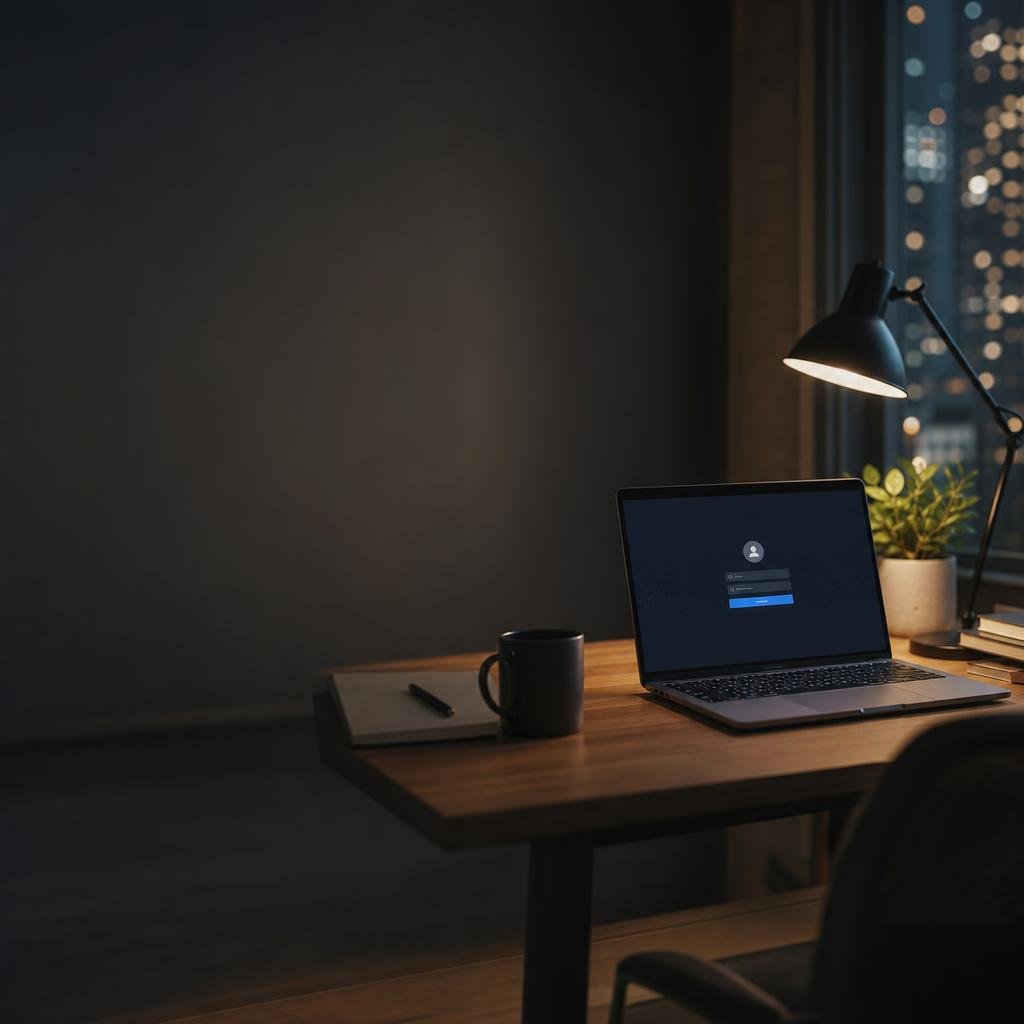 Developer desk with a laptop showing a login screen at night